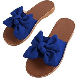 Women's Bow Knot Open Toe Leather Flat Slides Slippers Dark Blue Shoes